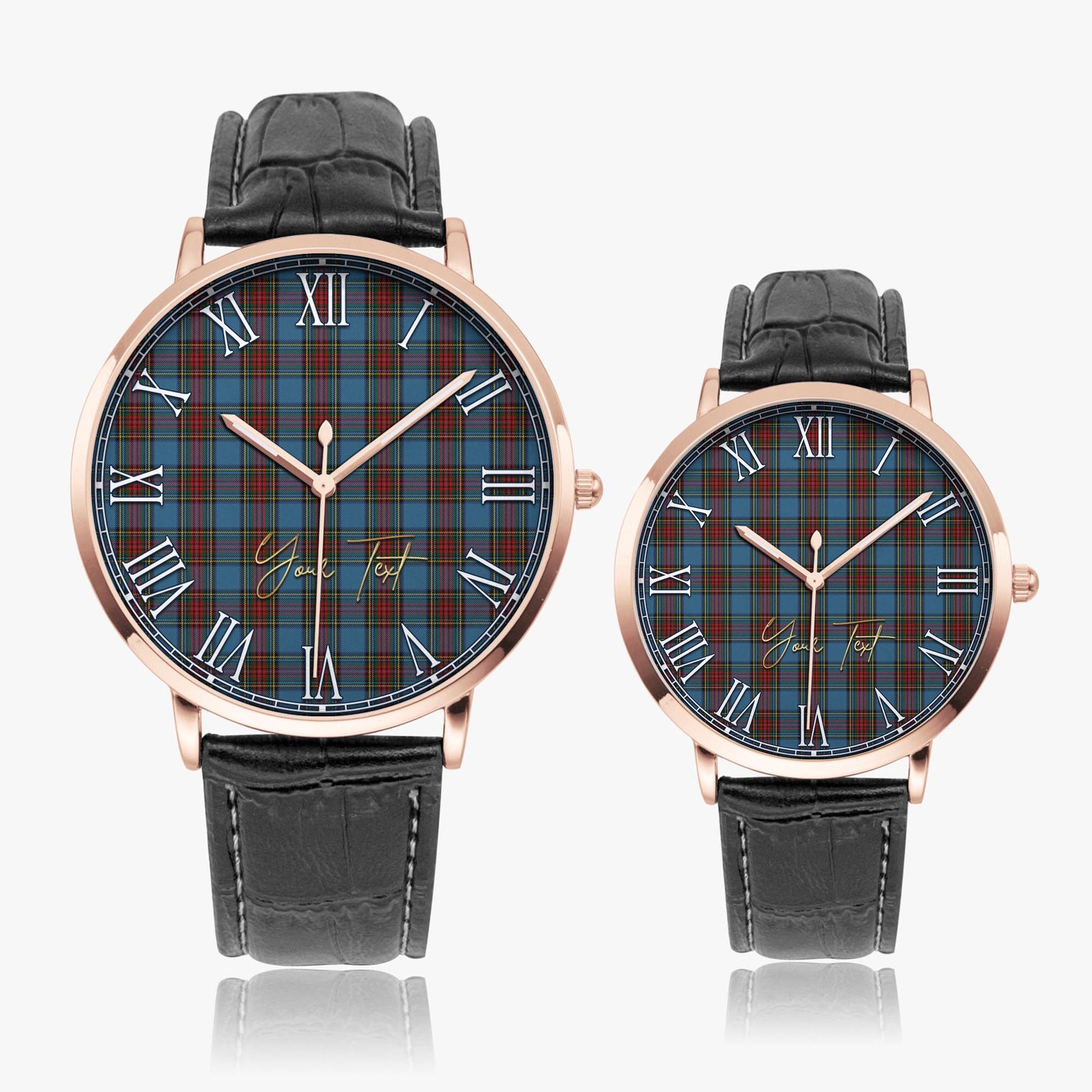 Stewart Royal Blue Tartan Personalized Your Text Leather Trap Quartz Watch Ultra Thin Rose Gold Case With Black Leather Strap - Tartanvibesclothing Shop