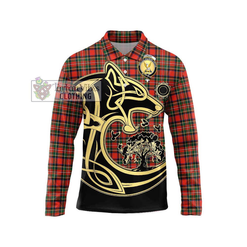 Stewart Royal Modern Tartan Long Sleeve Polo Shirt with Family Crest Celtic Wolf Style Unisex - Tartanvibesclothing Shop