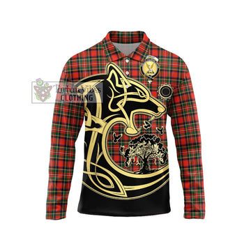 Stewart Royal Modern Tartan Long Sleeve Polo Shirt with Family Crest Celtic Wolf Style