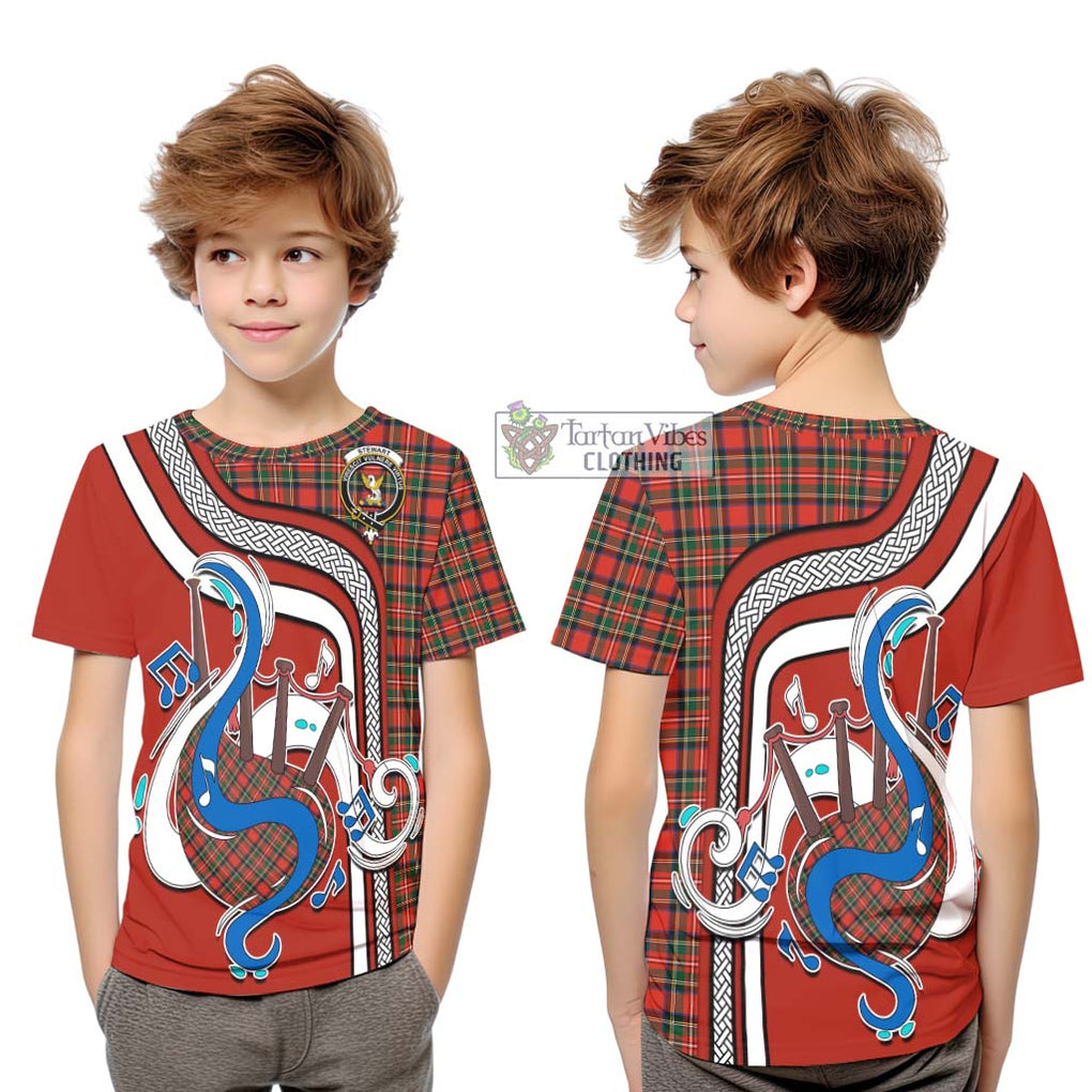 Tartan Vibes Clothing Stewart Royal Modern Tartan Kid T-Shirt with Epic Bagpipe Style