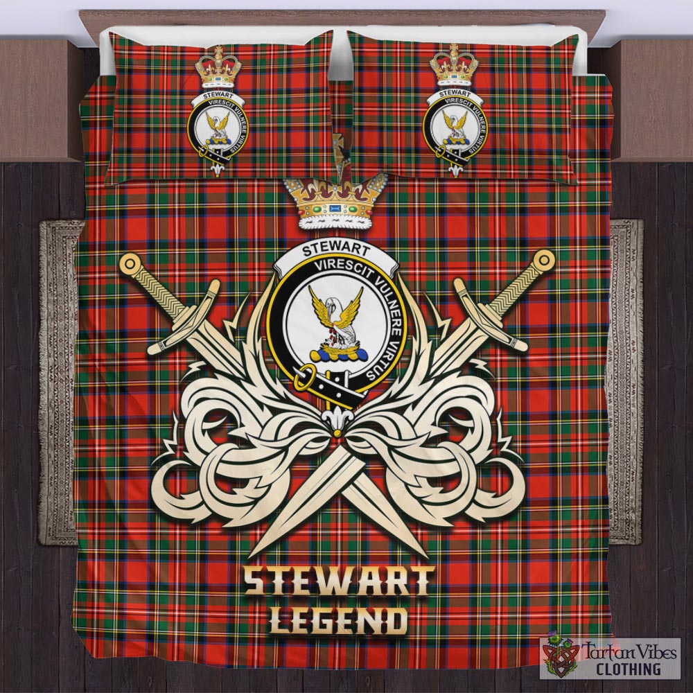 Tartan Vibes Clothing Stewart Royal Modern Tartan Bedding Set with Clan Crest and the Golden Sword of Courageous Legacy