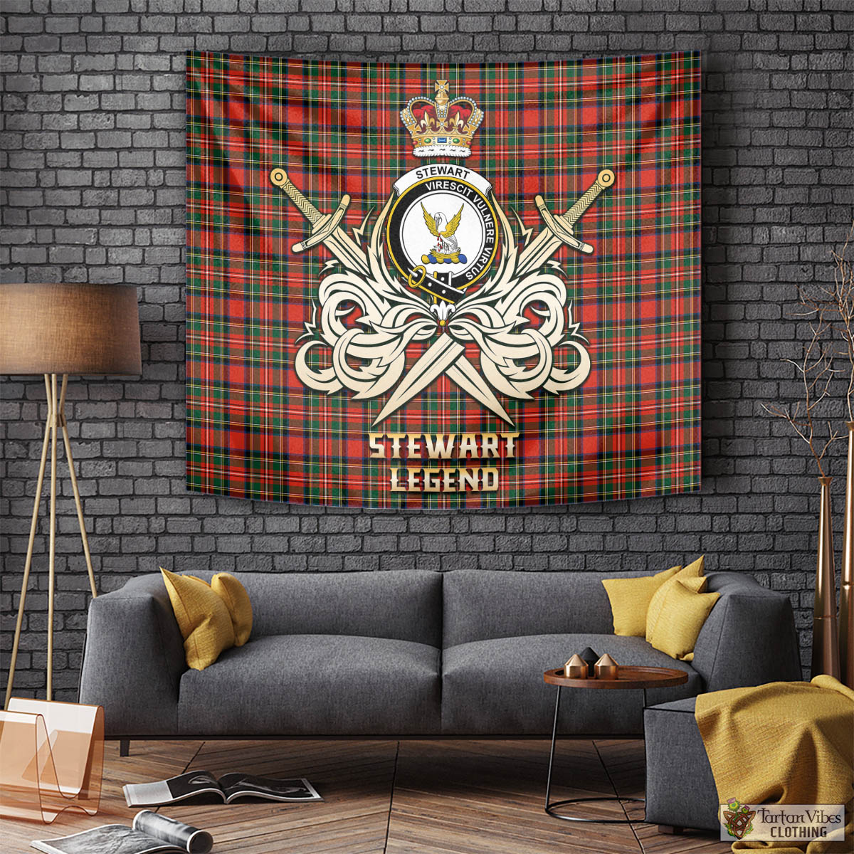 Tartan Vibes Clothing Stewart Royal Modern Tartan Tapestry with Clan Crest and the Golden Sword of Courageous Legacy