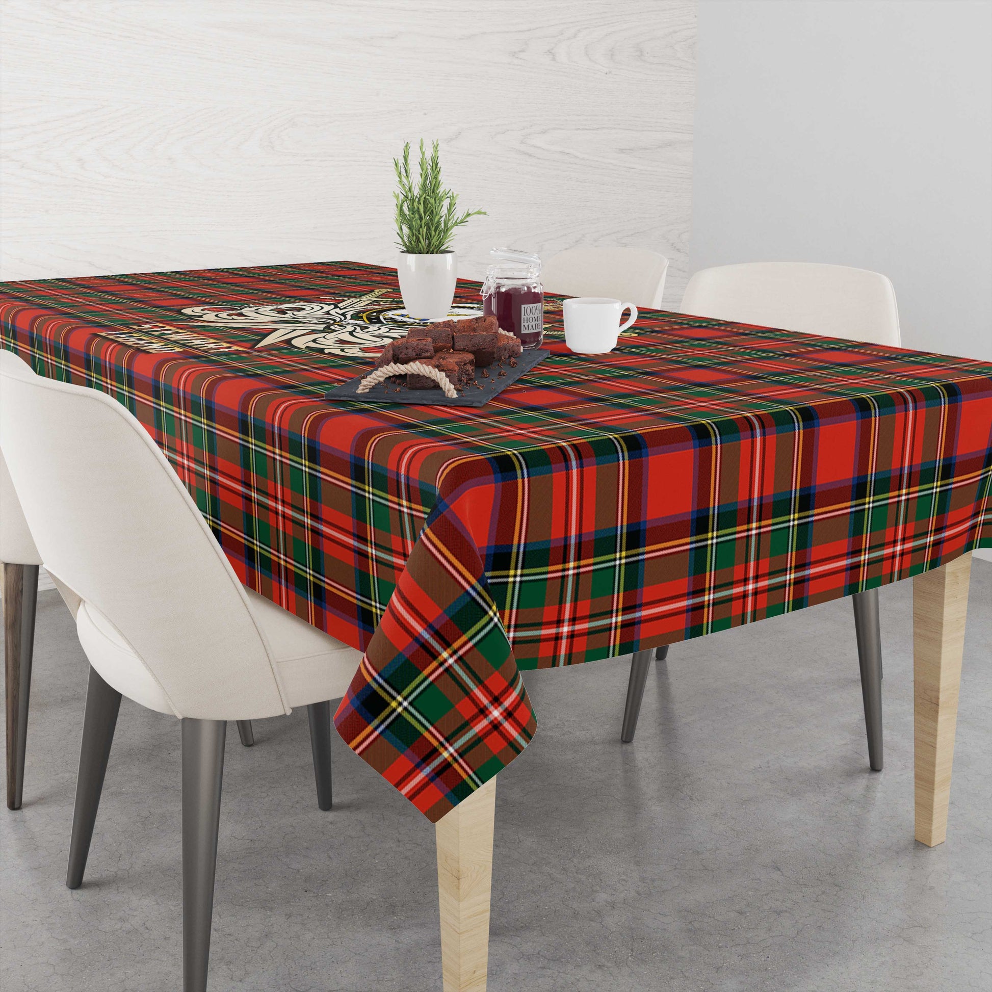 Tartan Vibes Clothing Stewart Royal Modern Tartan Tablecloth with Clan Crest and the Golden Sword of Courageous Legacy