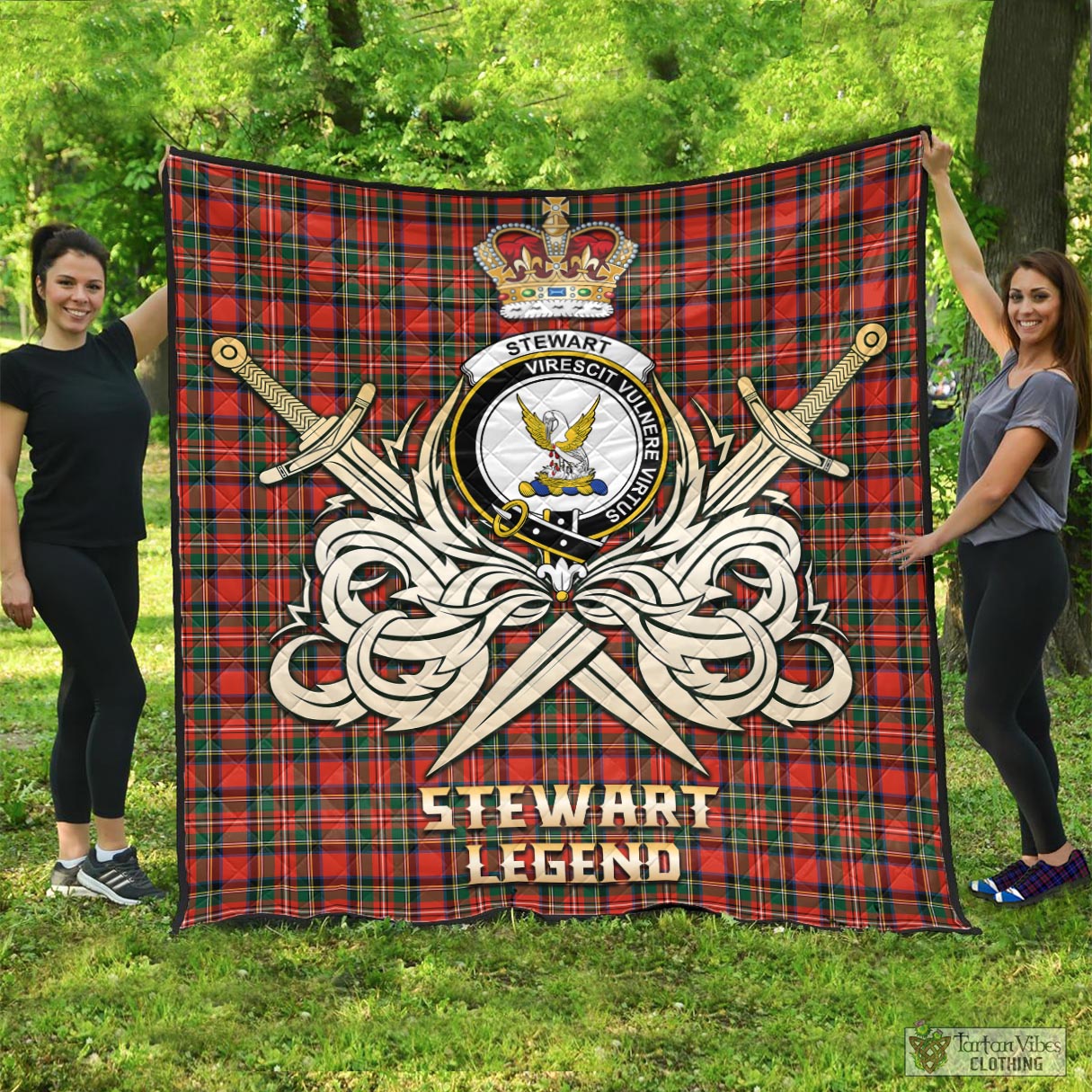 Tartan Vibes Clothing Stewart Royal Modern Tartan Quilt with Clan Crest and the Golden Sword of Courageous Legacy