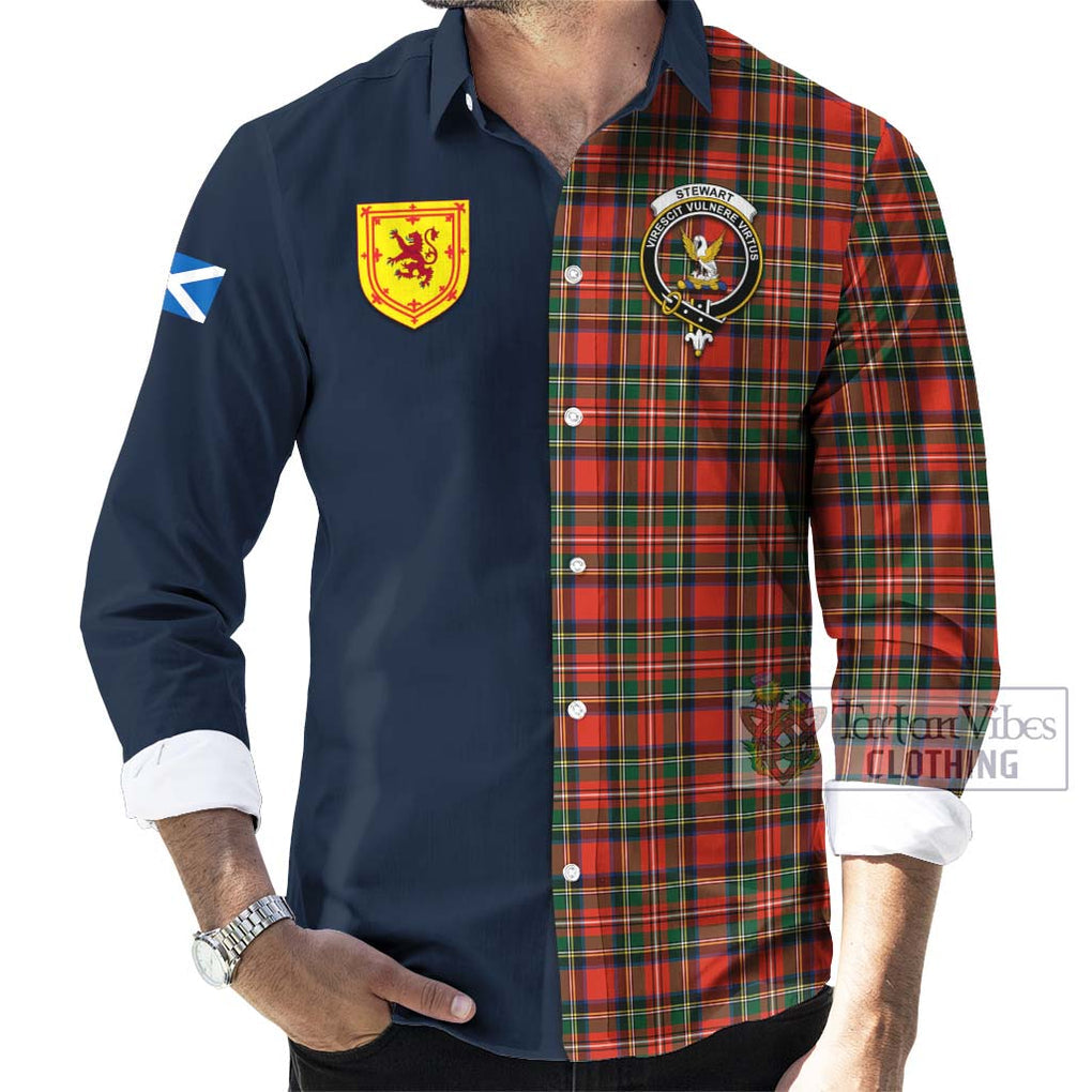 Tartan Vibes Clothing Stewart Royal Modern Tartan Long Sleeve Button Shirt with Scottish Lion Royal Arm Half Style