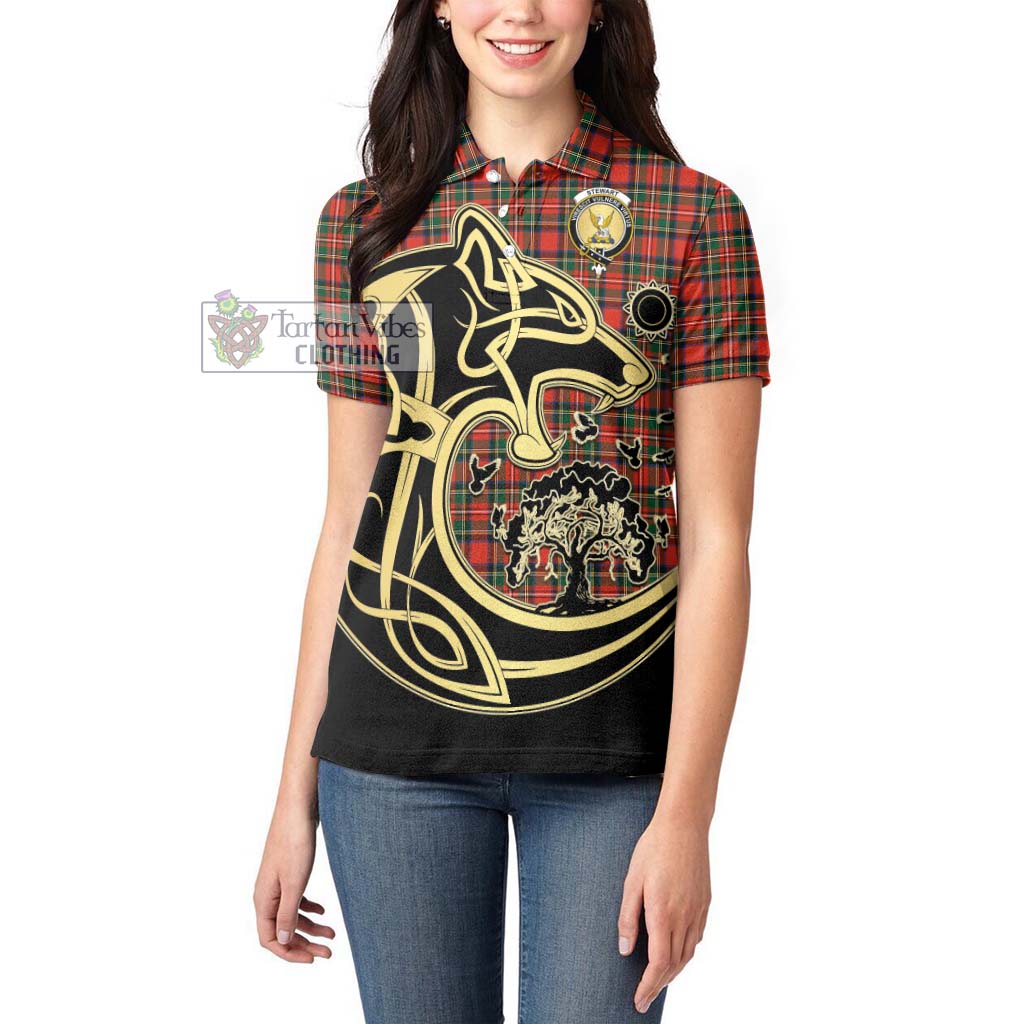 Stewart Royal Modern Tartan Women's Polo Shirt with Family Crest Celtic Wolf Style - Tartanvibesclothing Shop