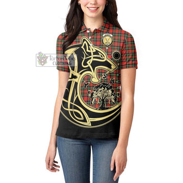 Stewart Royal Modern Tartan Women's Polo Shirt with Family Crest Celtic Wolf Style