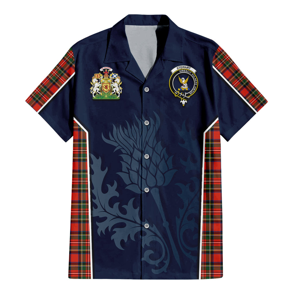 Tartan Vibes Clothing Stewart Royal Modern Tartan Short Sleeve Button Up Shirt with Family Crest and Scottish Thistle Vibes Sport Style