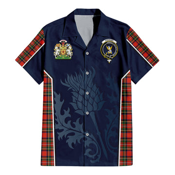 Stewart Royal Modern Tartan Short Sleeve Button Up Shirt with Family Crest and Scottish Thistle Vibes Sport Style