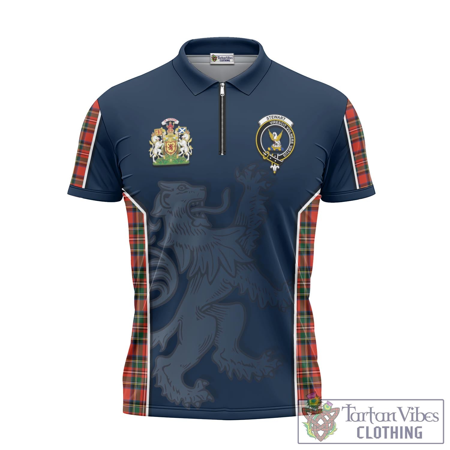 Tartan Vibes Clothing Stewart Royal Modern Tartan Zipper Polo Shirt with Family Crest and Lion Rampant Vibes Sport Style