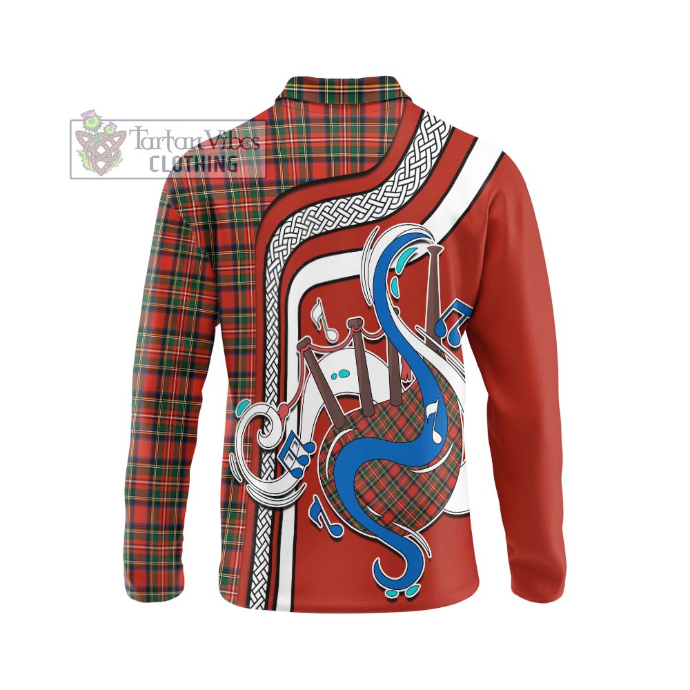 Tartan Vibes Clothing Stewart Royal Modern Tartan Long Sleeve Polo Shirt with Epic Bagpipe Style