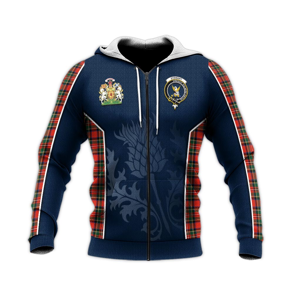 Tartan Vibes Clothing Stewart Royal Modern Tartan Knitted Hoodie with Family Crest and Scottish Thistle Vibes Sport Style