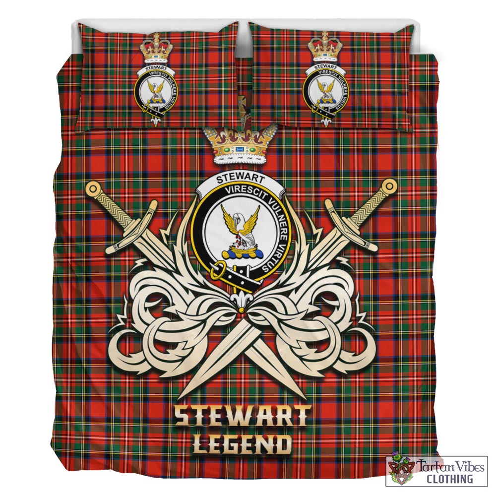 Tartan Vibes Clothing Stewart Royal Modern Tartan Bedding Set with Clan Crest and the Golden Sword of Courageous Legacy