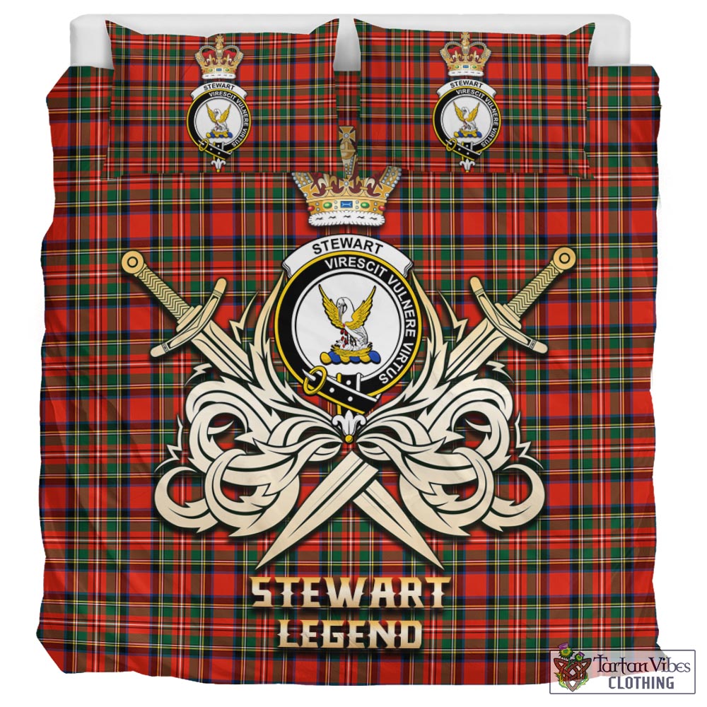 Tartan Vibes Clothing Stewart Royal Modern Tartan Bedding Set with Clan Crest and the Golden Sword of Courageous Legacy