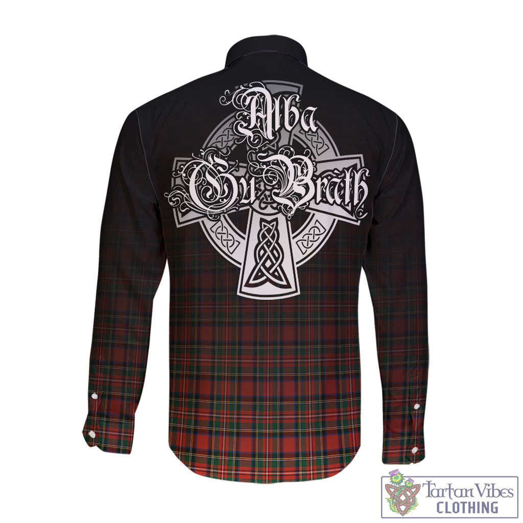 Tartan Vibes Clothing Stewart Royal Modern Tartan Long Sleeve Button Up Featuring Alba Gu Brath Family Crest Celtic Inspired