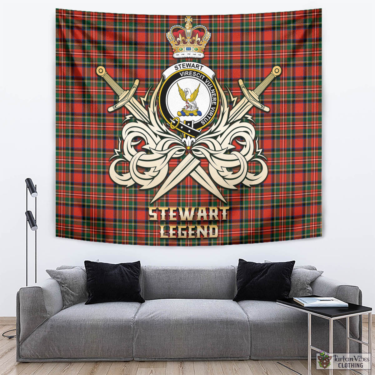 Tartan Vibes Clothing Stewart Royal Modern Tartan Tapestry with Clan Crest and the Golden Sword of Courageous Legacy