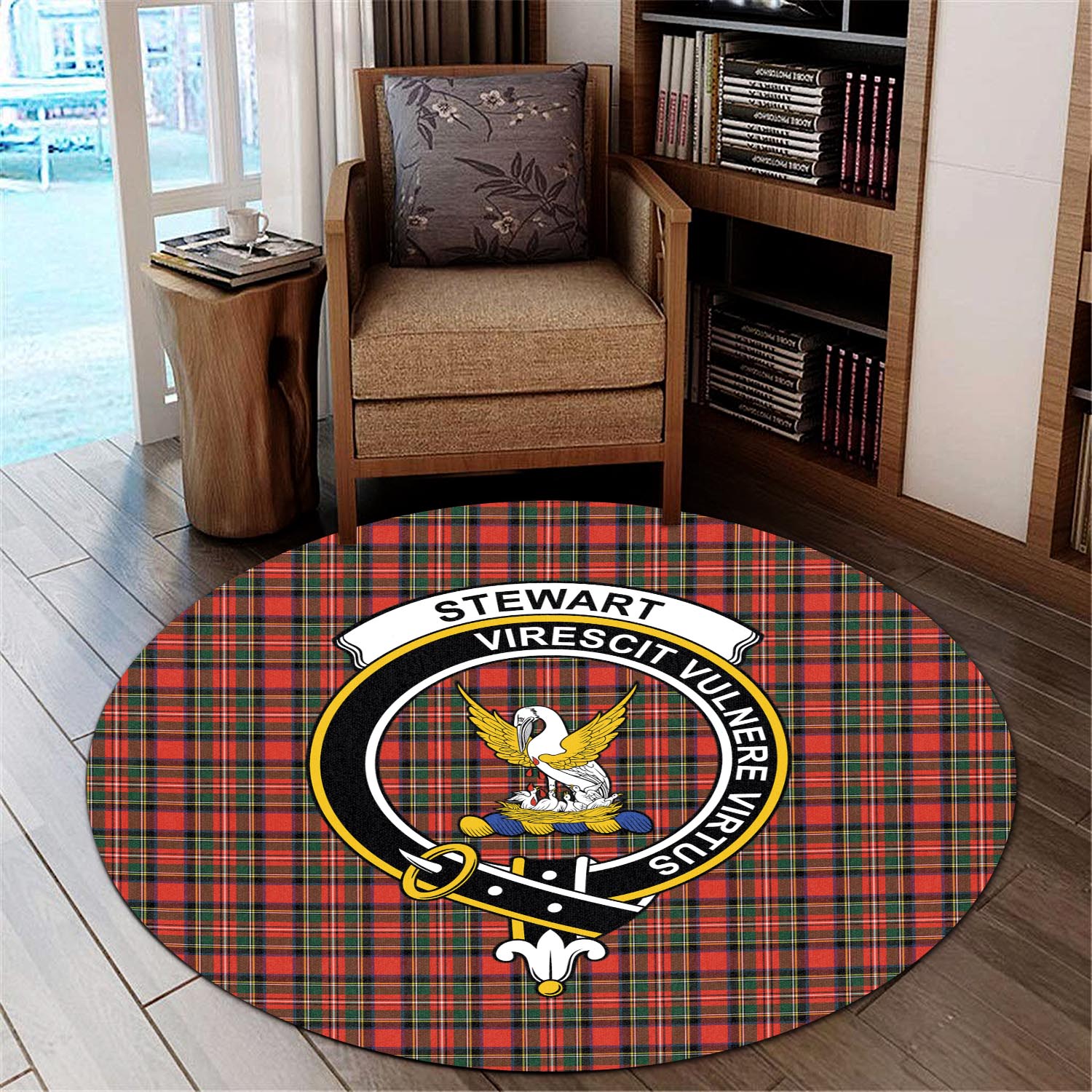 stewart-royal-modern-tartan-round-rug-with-family-crest