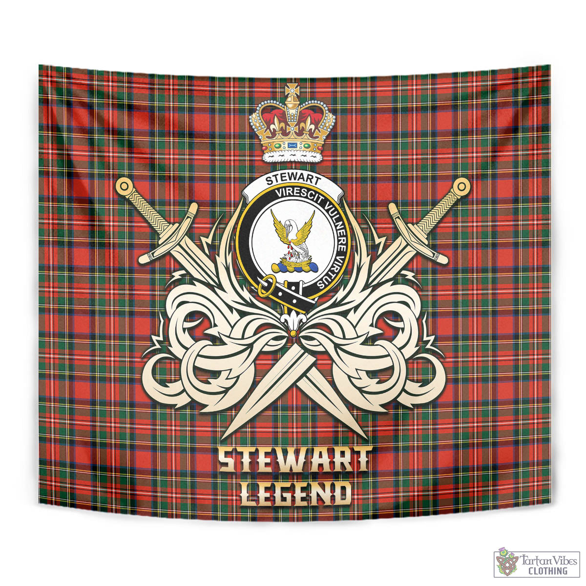 Tartan Vibes Clothing Stewart Royal Modern Tartan Tapestry with Clan Crest and the Golden Sword of Courageous Legacy