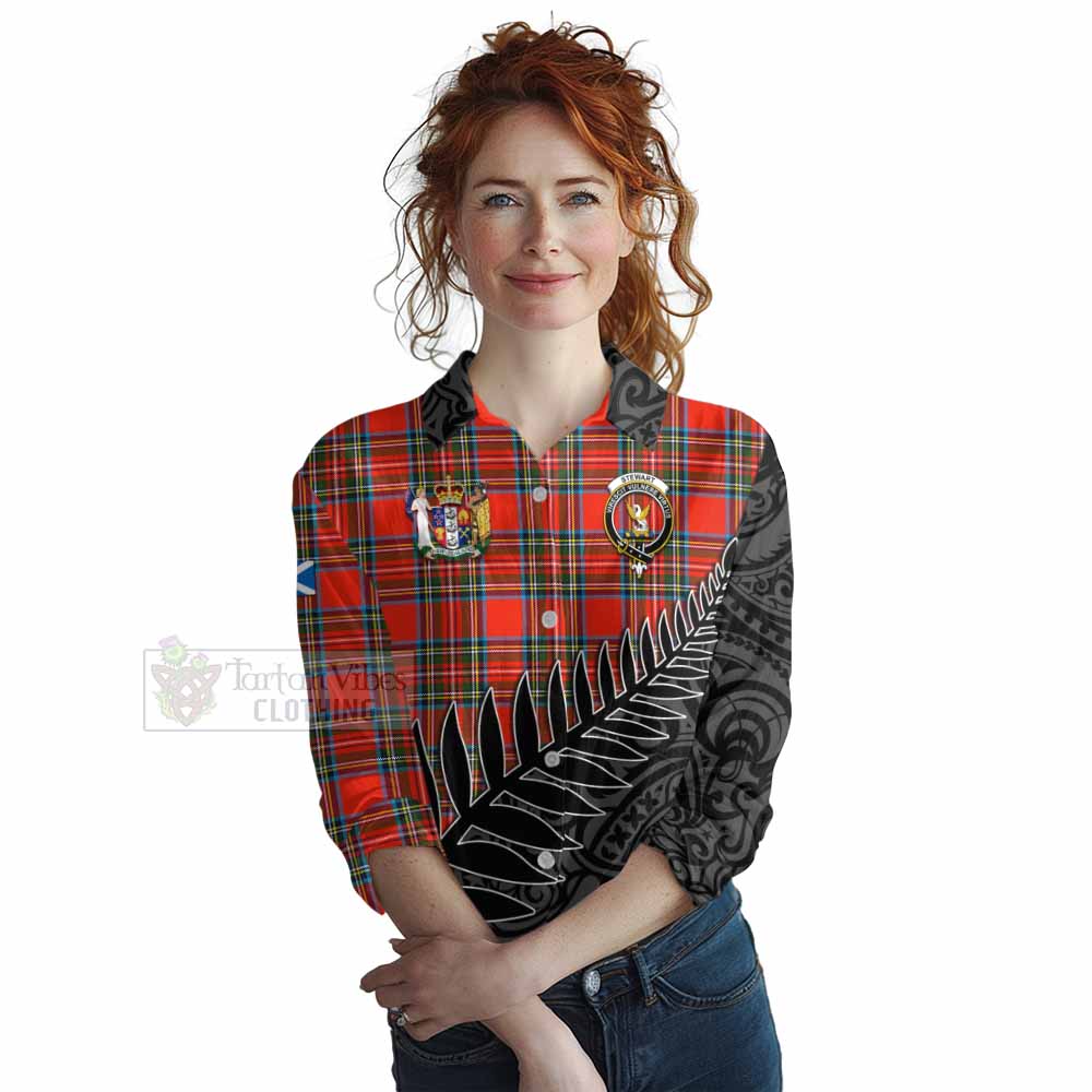 Tartan Vibes Clothing Stewart (Stuart) Crest Tartan Women's Casual Shirt with New Zealand Silver Fern Half Style