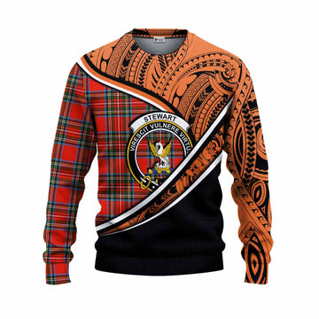 Stewart (Stuart) Crest Tartan Knitted Sweater with Polynesian Vibes Style - Orange Version