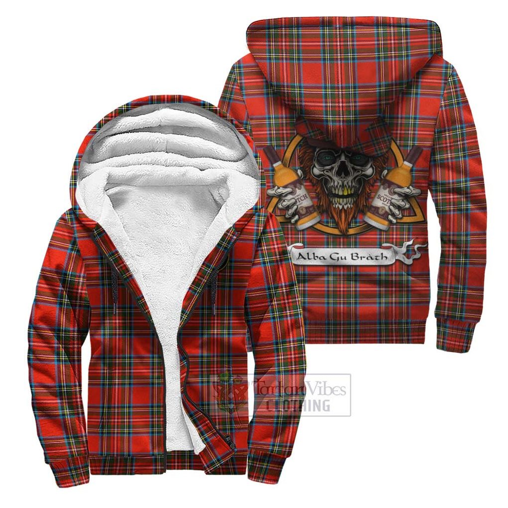 Tartan Vibes Clothing Stewart (Stuart) Tartan Sherpa Hoodie with Family Crest and Bearded Skull Holding Bottles of Whiskey