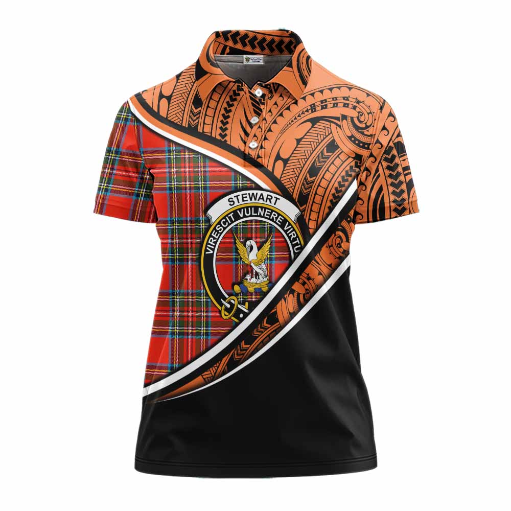 Tartan Vibes Clothing Stewart (Stuart) Crest Tartan Women's Polo Shirt with Maori Tattoo Style - Orange Version