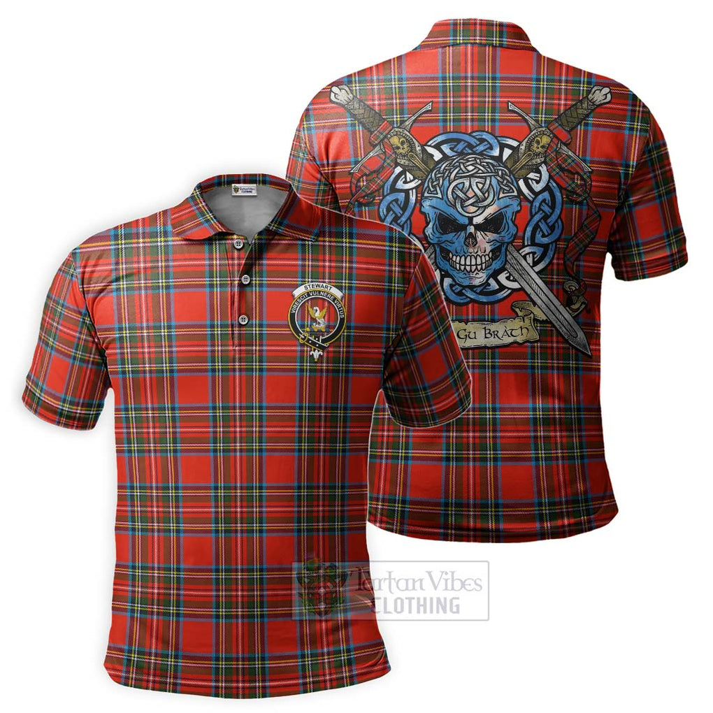 Tartan Vibes Clothing Stewart (Stuart) Tartan Polo Shirt with Family Crest Celtic Skull Style