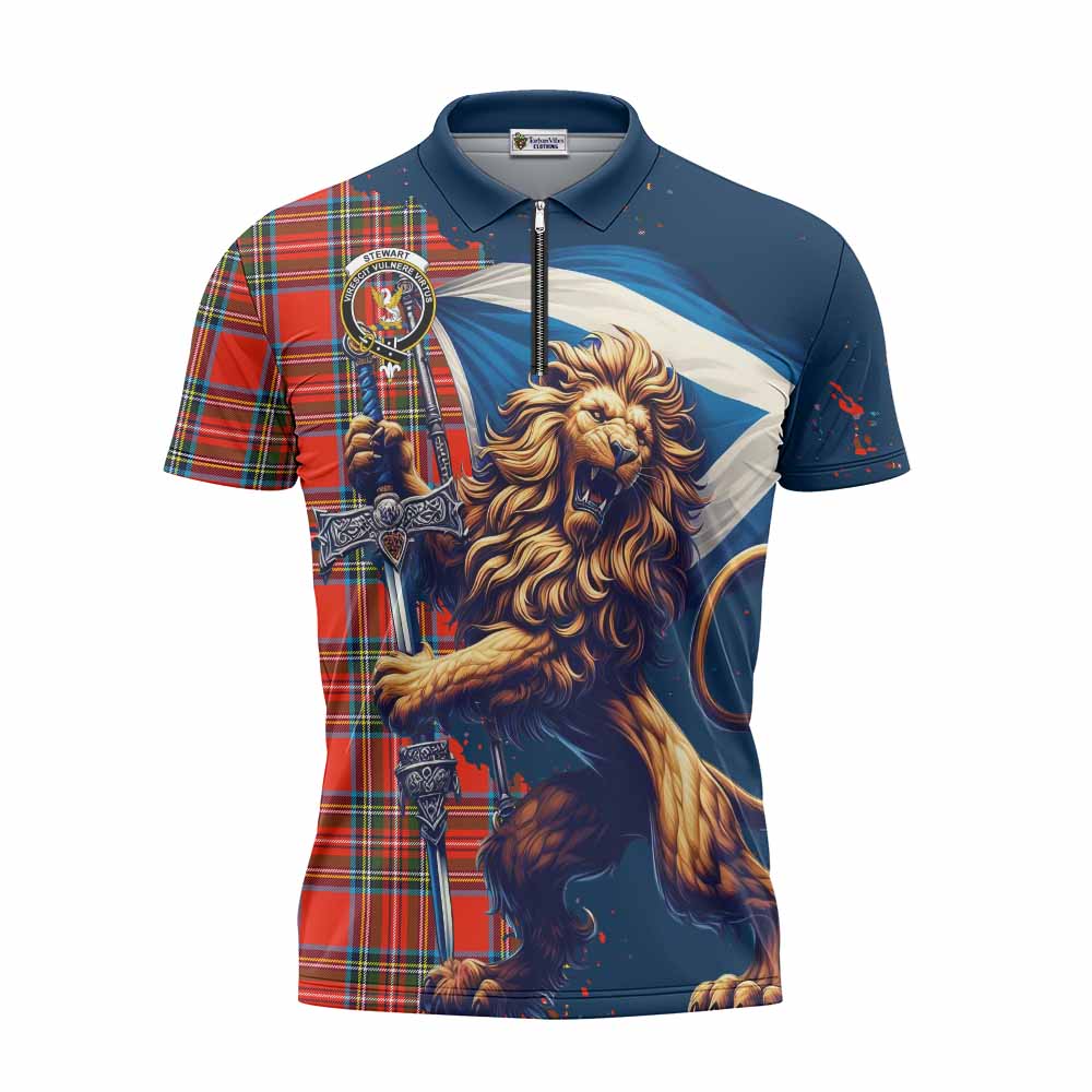 Tartan Vibes Clothing Stewart (Stuart) Tartan Family Crest Zipper Polo Shirt with Scottish Majestic Lion