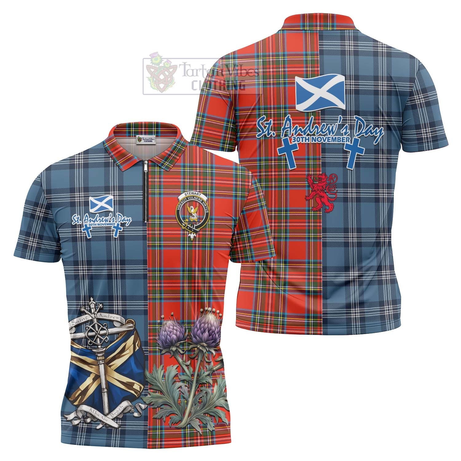 Tartan Vibes Clothing Stewart (Stuart) Tartan Zipper Polo Shirt Happy St. Andrew's Day Half Tartan Style