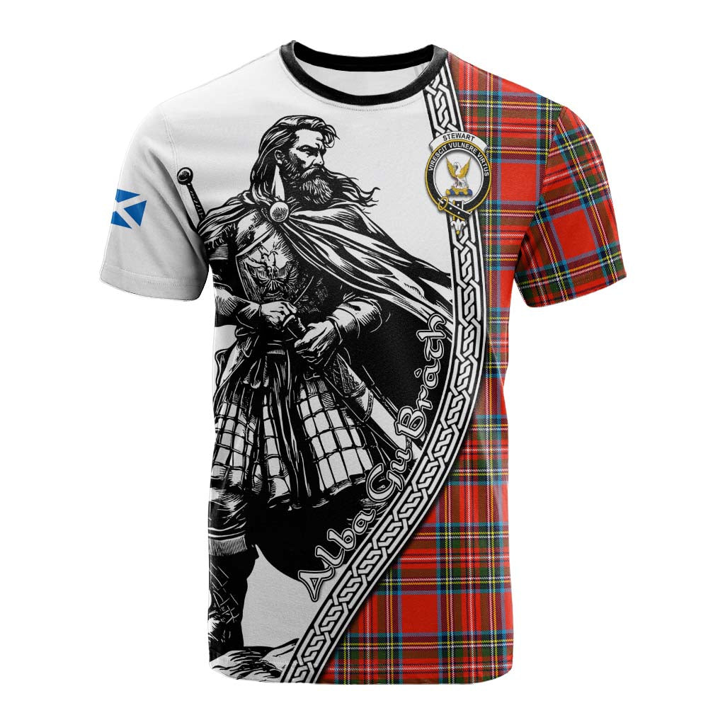 Stewart (Stuart) Tartan Clan Crest Cotton T-shirt with Highlander Warrior Celtic Style