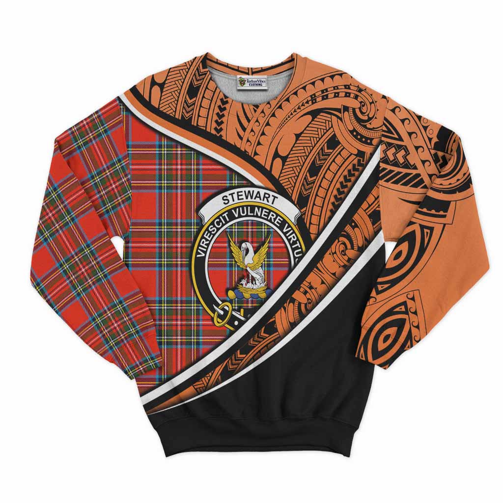 Tartan Vibes Clothing Stewart (Stuart) Crest Tartan Sweatshirt with Maori Tattoo Style - Orange Version