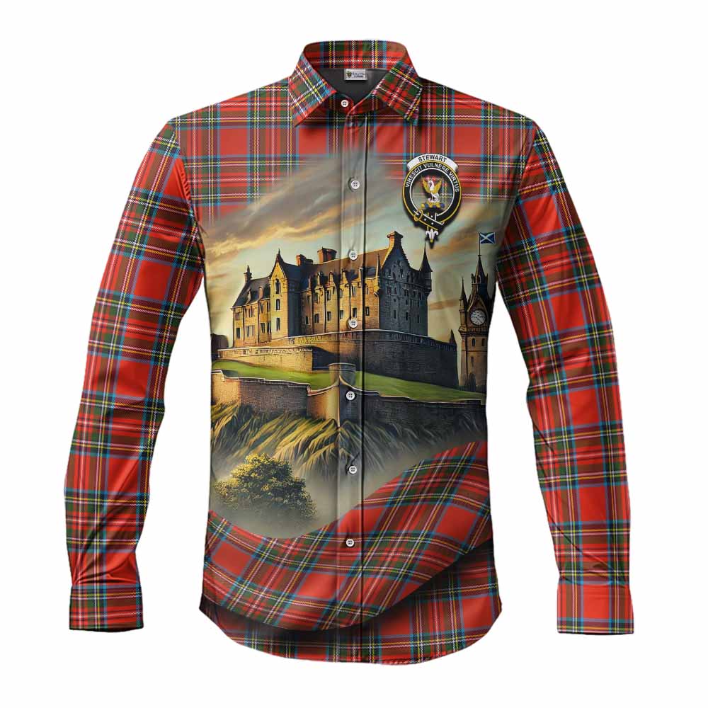 Stewart (Stuart) Tartan Family Crest Long Sleeve Button Shirt with Scottish Ancient Castle Style Men's Shirt S - Tartan Vibes Clothing