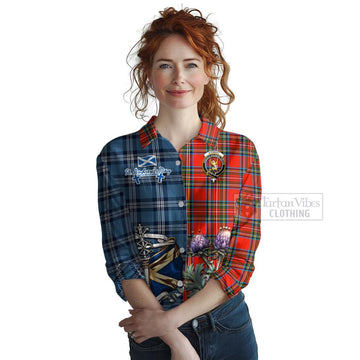 Stewart (Stuart) Tartan Women's Casual Shirt Happy St. Andrew's Day Half Tartan Style Female - Tartan Vibes Clothing
