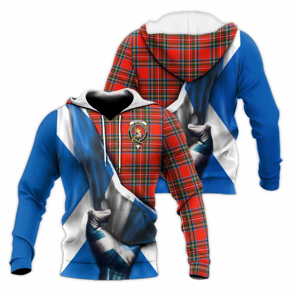 Tartan Vibes Clothing Stewart (Stuart) Tartan Knitted Hoodie with Family Crest Scotland Patriotic Style