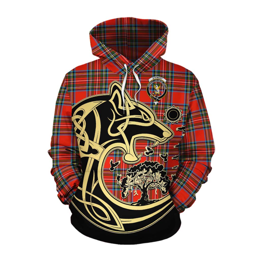 Tartan Vibes Clothing Stewart (Stuart) Tartan Cotton Hoodie with Family Crest Celtic Wolf Style