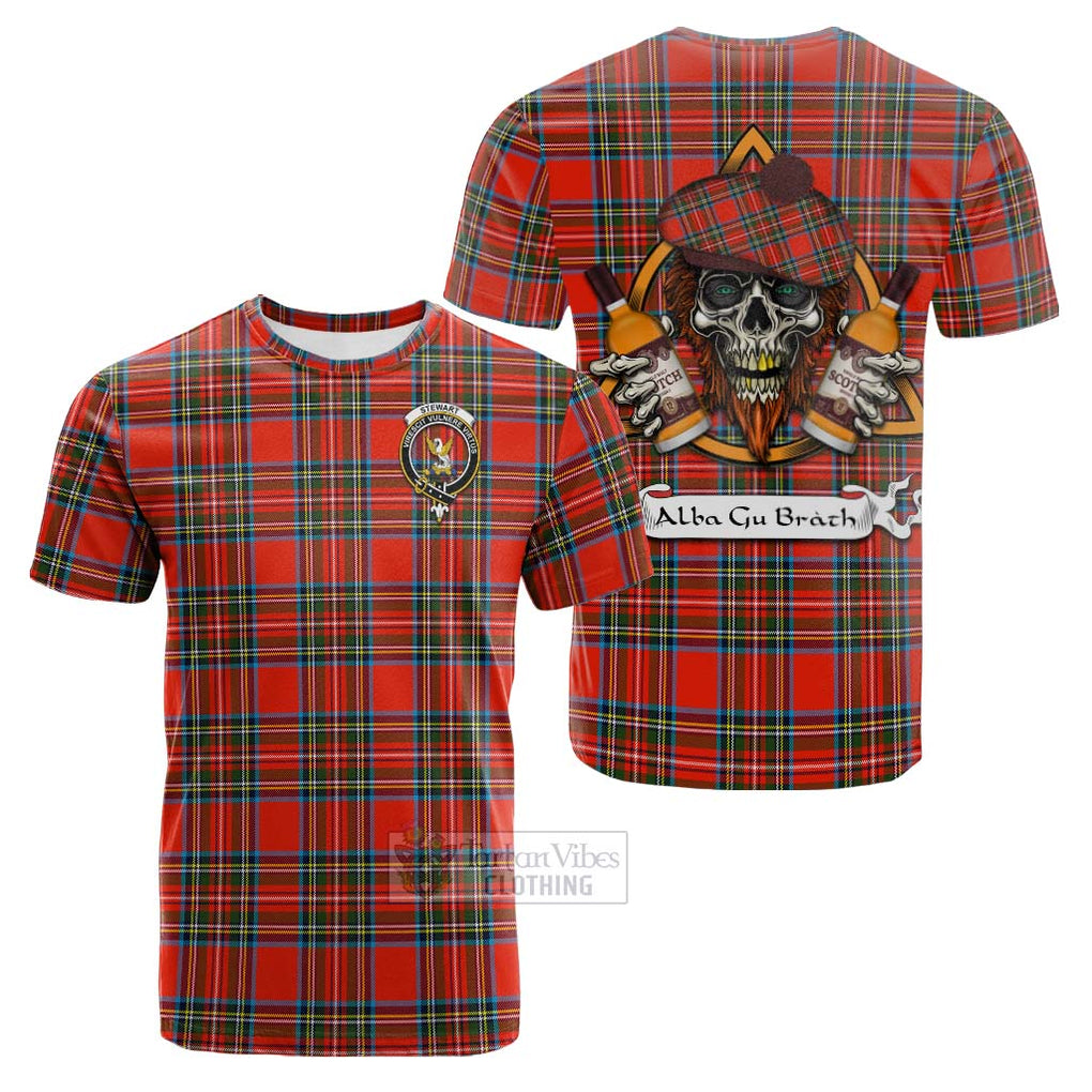 Tartan Vibes Clothing Stewart (Stuart) Tartan Cotton T-shirt with Family Crest and Bearded Skull Holding Bottles of Whiskey