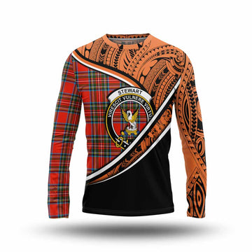 Stewart (Stuart) Crest Tartan Long Sleeve T-Shirt with Polynesian Vibes Style - Orange Version