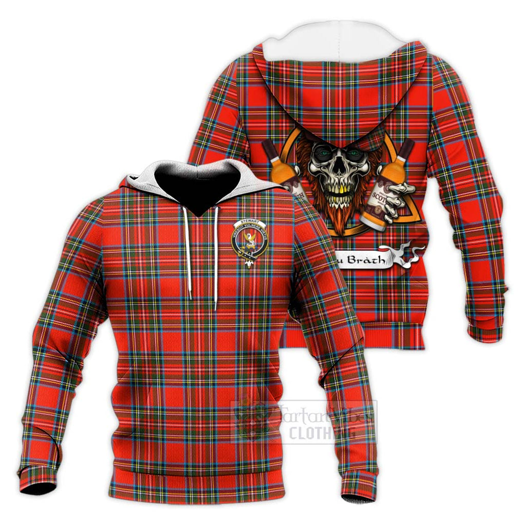 Tartan Vibes Clothing Stewart (Stuart) Tartan Knitted Hoodie with Family Crest and Bearded Skull Holding Bottles of Whiskey