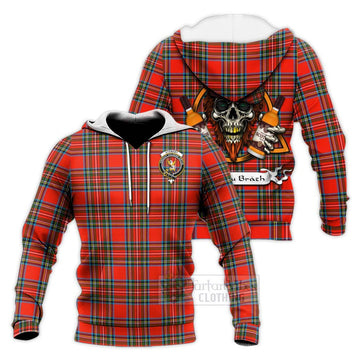 Stewart (Stuart) Tartan Knitted Hoodie with Family Crest and Bearded Skull Holding Bottles of Whiskey