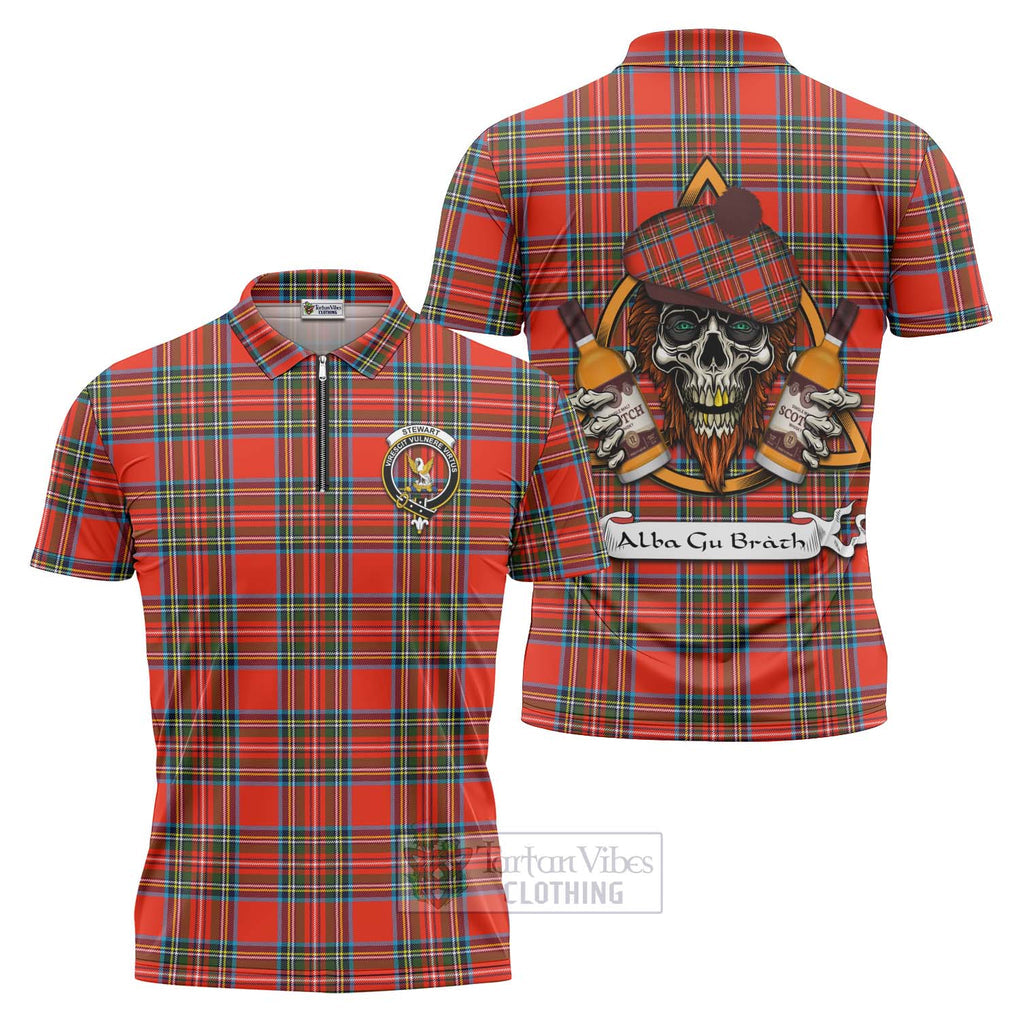 Tartan Vibes Clothing Stewart (Stuart) Tartan Zipper Polo Shirt with Family Crest and Bearded Skull Holding Bottles of Whiskey