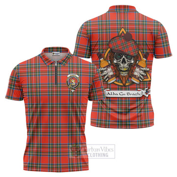 Stewart (Stuart) Tartan Zipper Polo Shirt with Family Crest and Bearded Skull Holding Bottles of Whiskey