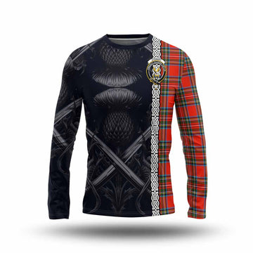 Stewart (Stuart) Tartan Long Sleeve T-Shirt with Family Crest Cross Sword Thistle Celtic Vibes