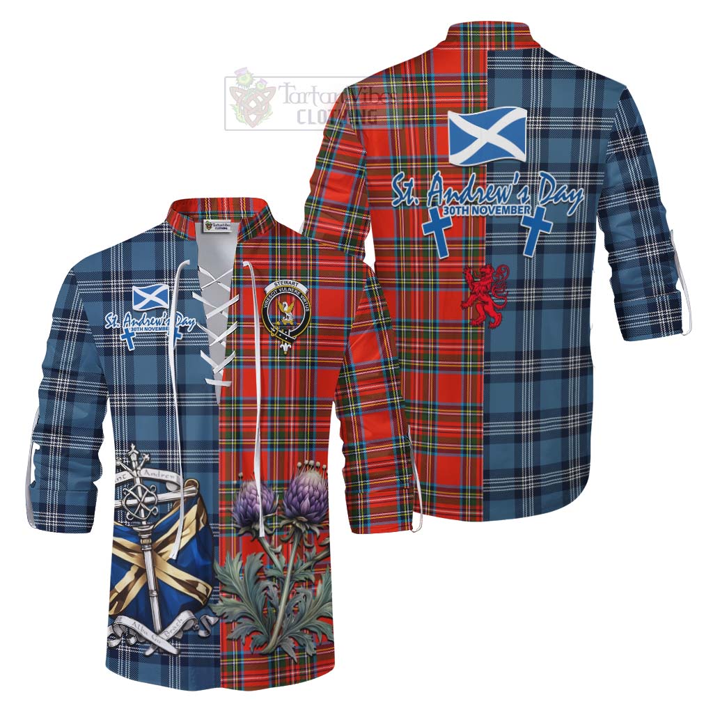 Tartan Vibes Clothing Stewart (Stuart) Tartan Ghillie Kilt Shirt Happy St. Andrew's Day Half Tartan Style