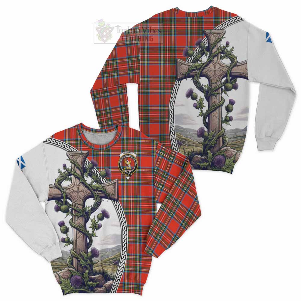 Tartan Vibes Clothing Stewart (Stuart) Tartan Sweatshirt with Family Crest and St. Andrew's Cross Accented by Thistle Vines