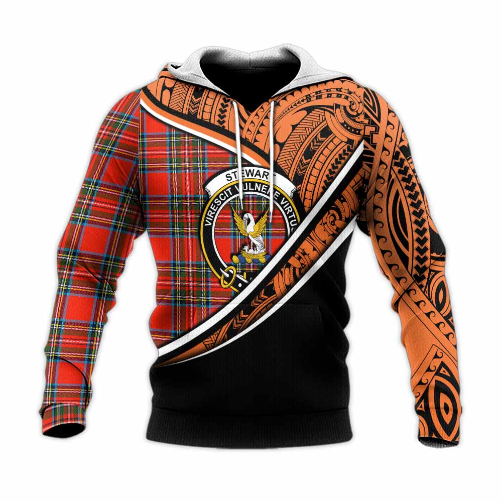 Tartan Vibes Clothing Stewart (Stuart) Crest Tartan Knitted Hoodie with Maori Tattoo Style - Orange Version