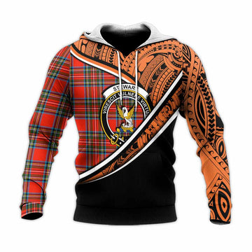 Stewart (Stuart) Crest Tartan Knitted Hoodie with Polynesian Vibes Style - Orange Version