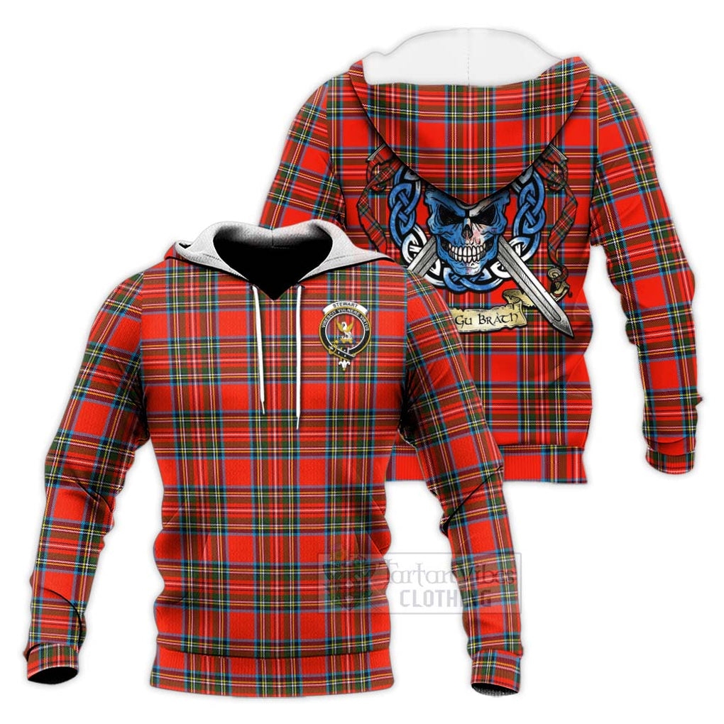 Tartan Vibes Clothing Stewart (Stuart) Tartan Knitted Hoodie with Family Crest Celtic Skull Style