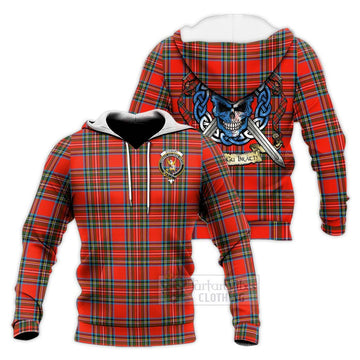 Stewart (Stuart) Tartan Knitted Hoodie with Family Crest Celtic Skull Style