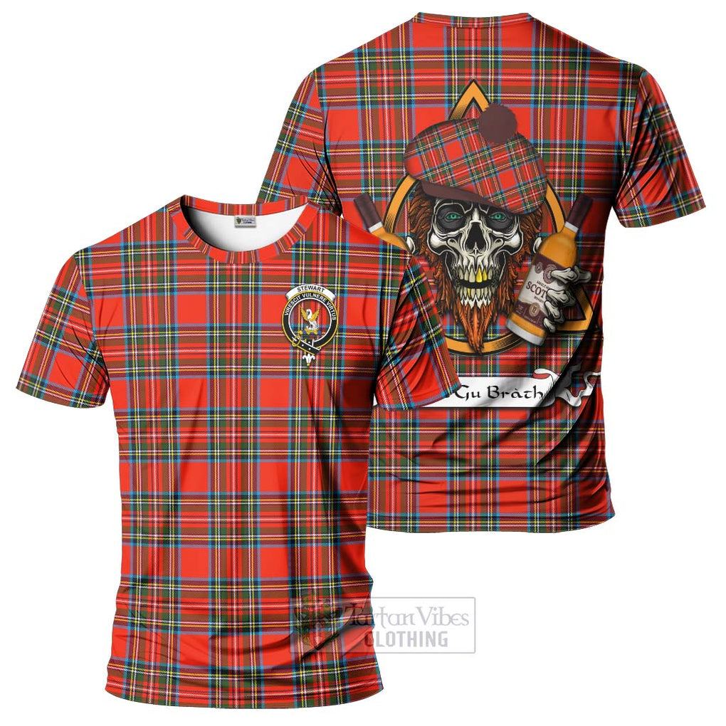 Tartan Vibes Clothing Stewart (Stuart) Tartan T-Shirt with Family Crest and Bearded Skull Holding Bottles of Whiskey