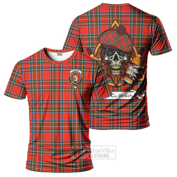 Stewart (Stuart) Tartan T-Shirt with Family Crest and Bearded Skull Holding Bottles of Whiskey